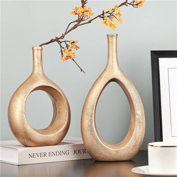 NEW Gold Ceramic Hollow Elliptical Vase Set of 2 - Boho Circle Vase with Hole, - Picture 6 of 7